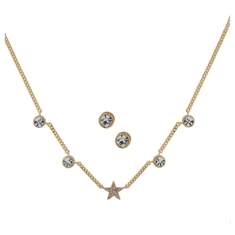 DKNY Gold Tone Star and Crystal Necklace and‎ Stud Earring Jewelry Set